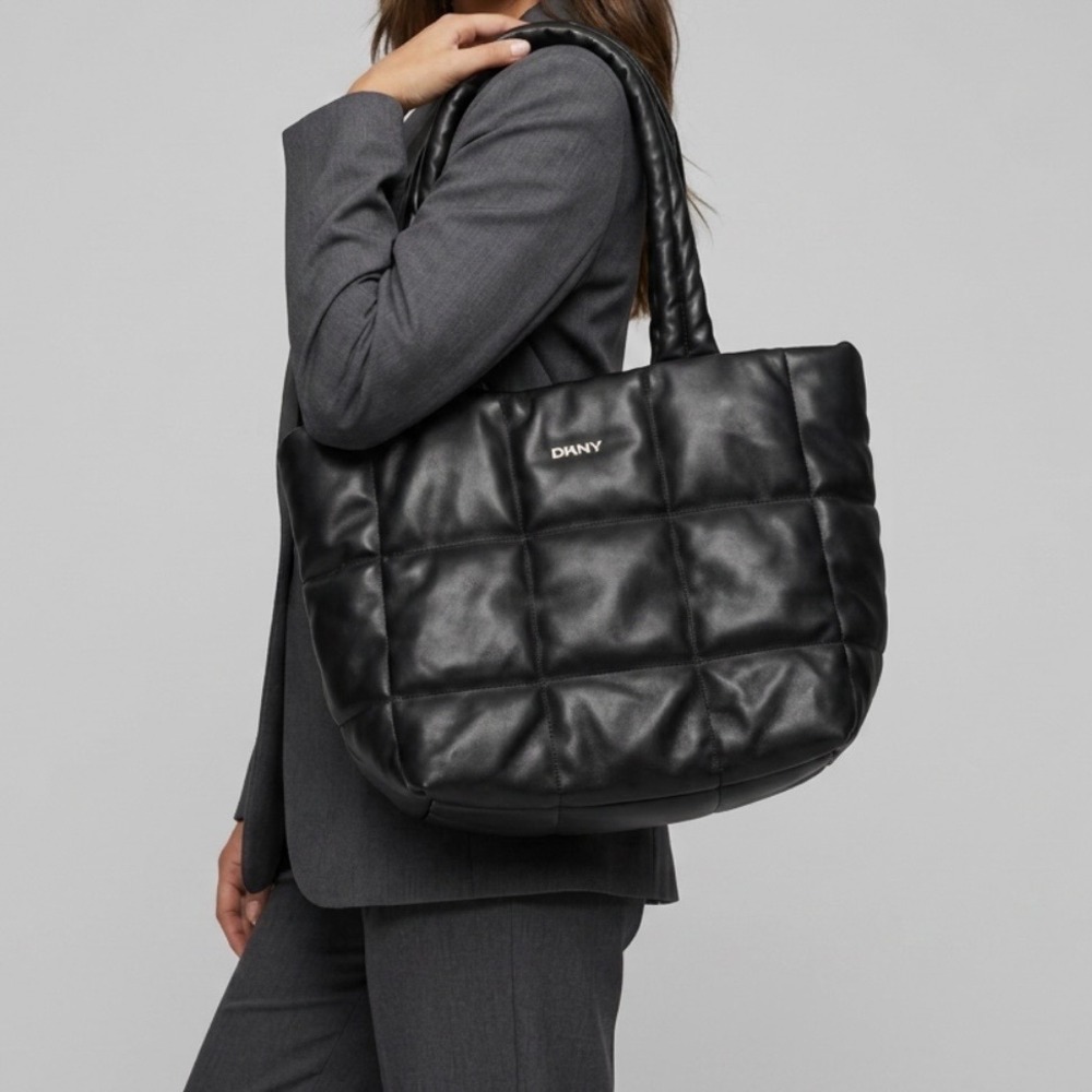 DKNY Black Quilted Puffer Tote Bag Padded Faux Leather Shoulder Bag Silver Logo